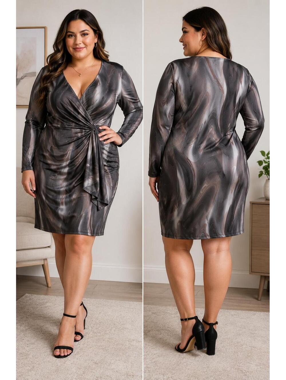 HAUTE FOX Plus 2X Gray Black Swirl Print Long Sleeve Ruched Wrap Dress